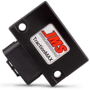 A black rectangular electronic device labeled JMS TractionMAX with the website www.jmschip.com printed on a white sticker; it has two mounting holes and a connector port.